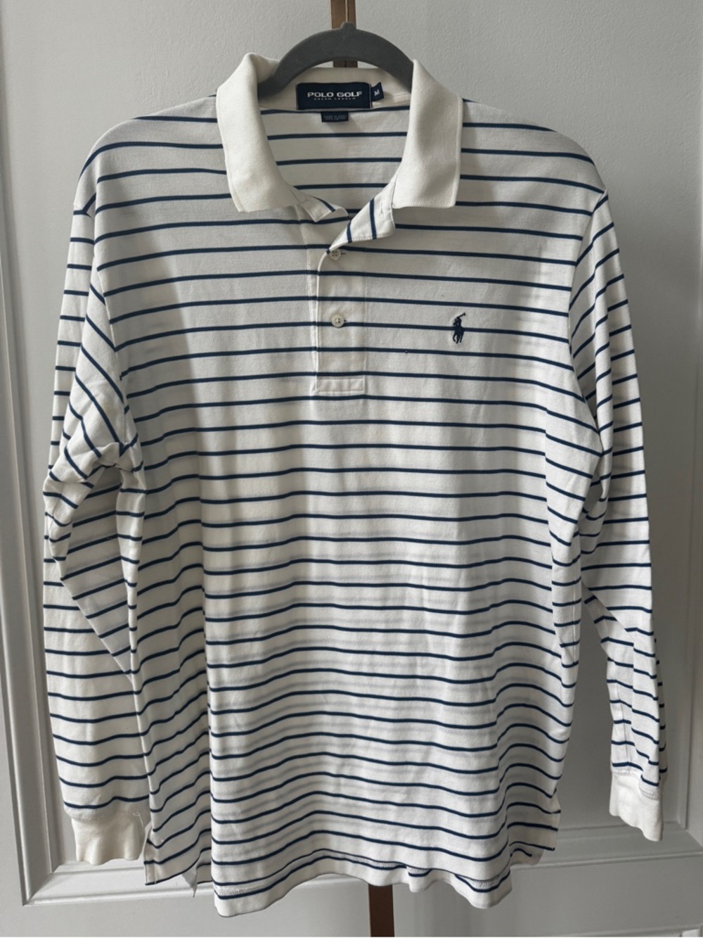 Vintage Mens Polo Golf Ralph Lauren striped long sleeve polo shirt white Med